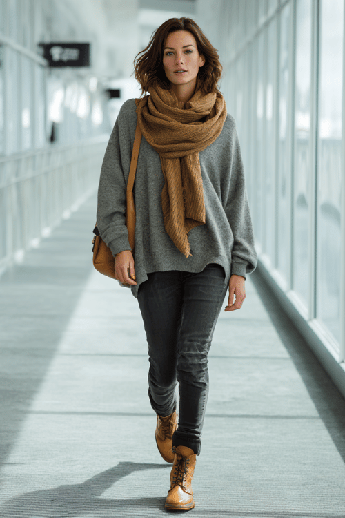 a woman striding through a glass-walled airport corridor, dressed in a heather grey oversized sweatshirt, slim-fit dark jeans, camel wool scarf, and cognac leather ankle boots
