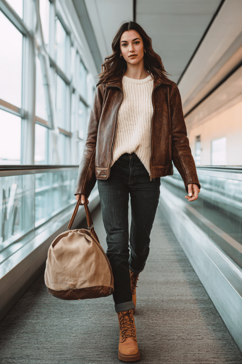 a woman striding through a glass-walled-airport corridor, dressed in a vintage-inspired brown leather bomber jacket, cream ribbed knit sweater, straight-leg dark wash jeans