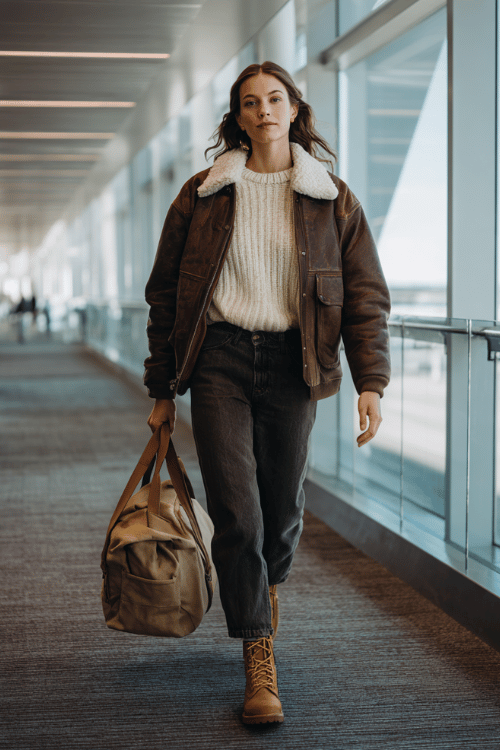 a woman striding through a glass-walled airport corridor, dressed in a vintage-inspired brown leather bomber jacket, cream ribbed knit sweater, straight-leg dark wash jeans