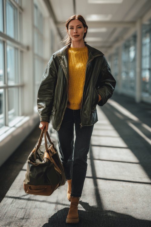 a woman striding through a glass-walled-airport corridor, dressed in an oversized forest green leather jacket, mustard yellow ribbed knit sweater, straight-leg dark jeans 