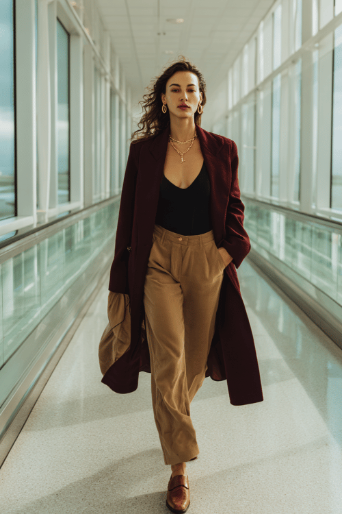 a woman striding through a glass-walled airport corridor, dressed in an oversized rich burgundy blazer worn as a coat, black fitted bodysuit, wide-leg camel trousers 