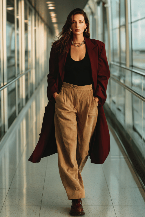 a woman striding through a glass-walled-airport corridor, dressed in an oversized rich burgundy blazer worn as a coat, black fitted bodysuit, wide-leg camel trousers