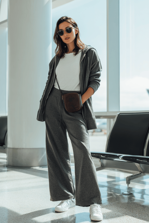 a woman waiting at an airport boarding gate, dressed in a charcoal grey matching lounge set with wide-leg pants and a long zip-up hoodie, white fitted tee underneath, white clean sneakers