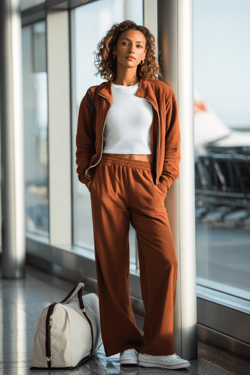 a woman waiting at an airport boarding gate, dressed in a cinnamon brown zip-up track jacket, matching wide-leg track pants, a white fitted tee underneath, and fresh white trainers