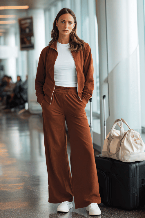 a woman waiting at an airport boarding gate, dressed in a cinnamon brown zip-up track jacket, matching wide-leg track pants, a white fitted tee underneath, and fresh white trainers
