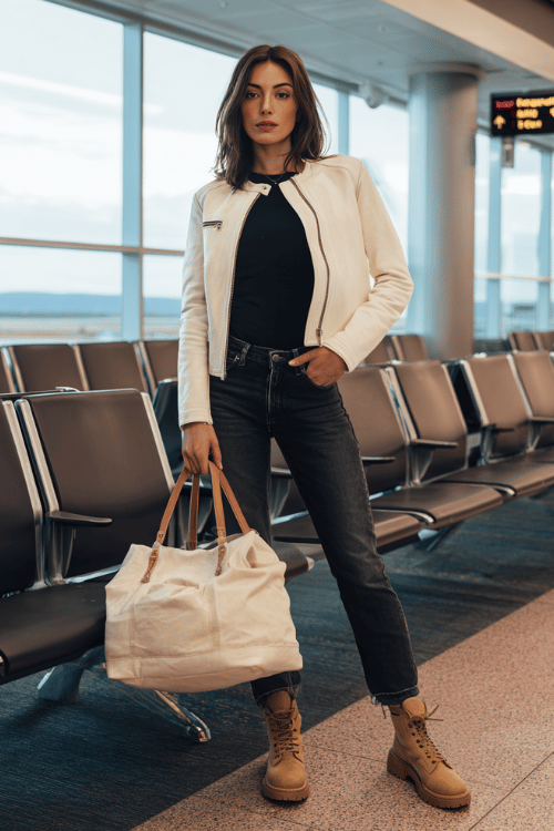 a woman waiting at an airport boarding gate, dressed in a cream off-white leather jacket, black fitted mock-neck top, straight-leg dark wash jeans, tan lug-sole boots 