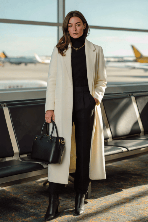 a woman waiting at an airport boarding gate, dressed in a cream white wool longline coat, black fitted ribbed turtleneck, tailored black slim trousers, black leather pointed-toe boots 