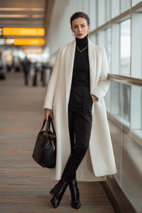 a woman waiting at an airport boarding gate, dressed in a cream white wool longline coat, black fitted ribbed turtleneck, tailored black slim trousers, black leather pointed-toe boots