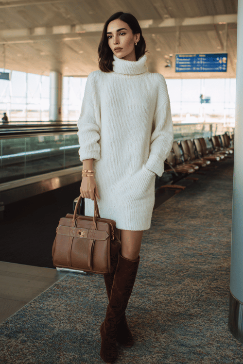 a woman waiting at an airport boarding gate, dressed in a creamy white oversized turtleneck sweater dress, dark opaque tights, cognac knee-high flat leather boots