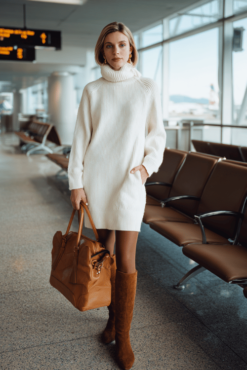 a woman waiting at an airport boarding gate, dressed in a creamy white oversized turtleneck sweater dress, dark opaque tights, cognac knee-high flat leather boots