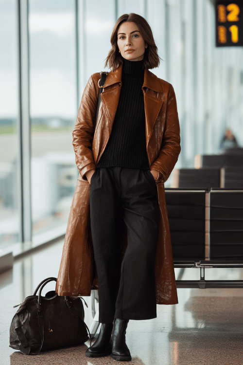 a woman waiting at an airport boarding gate, dressed in a rich cognac brown leather coat, black ribbed mock-neck sweater, tailored wide-leg black trousers, and black leather Chelsea boots 