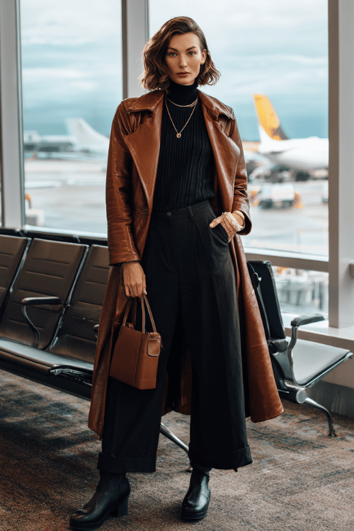 a woman waiting at an airport boarding gate, dressed in a rich cognac brown leather coat, black ribbed mock-neck sweater, tailored wide-leg black trousers, and black leather Chelsea boots