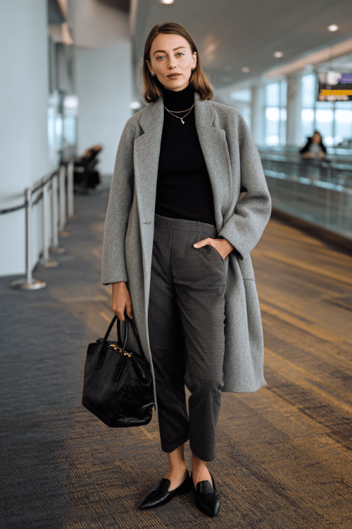 a woman waiting at an airport boarding gate, wearing a sleek minimalist fall aesthetic outfit dove grey oversized wool coat, black fitted ribbed turtleneck