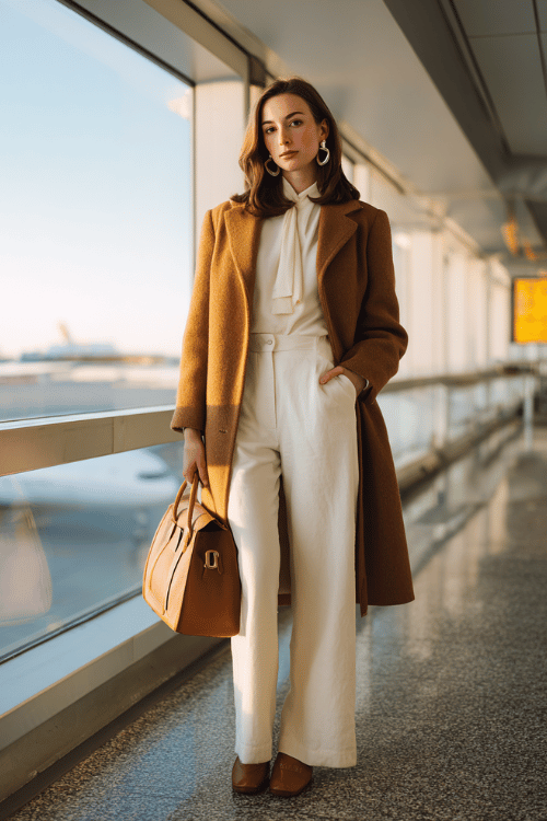 a woman waiting at an airport boarding gate, wearing a soft old money aesthetic fall outfit camel cashmere longline coat, ivory silk blouse, tailored cream wide-leg trousers