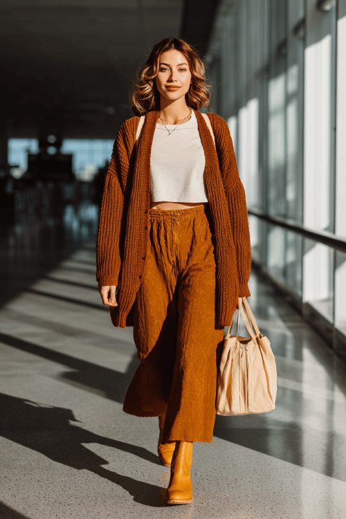 a woman walking through an airport departure hall, dressed in a caramel brown knit co-ord set with wide-leg trousers and a matching cropped cardigan, white fitted tee underneath
