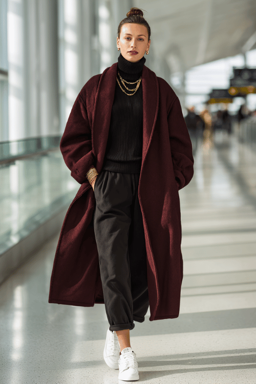 a woman walking through an airport departure hall, dressed in a rich burgundy oversized wool coat, black fitted ribbed turtleneck, slim dark jogger trousers, and white clean leather sneakers