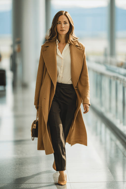 a woman walking through an airport departure hall, dressed in a rich camel wrap coat, ivory silk blouse tucked into high-waist tailored dark trousers, and tan pointed-toe leather flats 