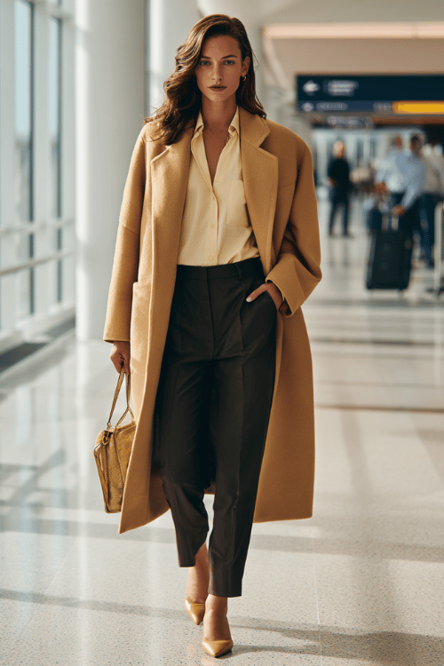 a woman walking through an airport departure hall, dressed in a rich camel wrap coat, ivory silk blouse tucked into high-waist tailored dark trousers, and tan pointed-toe leather flats
