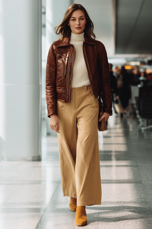 a woman walking through an airport departure hall, dressed in a rich cognac brown leather jacket, cream ribbed turtleneck, wide-leg camel trousers