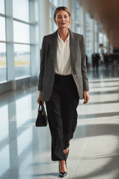 a woman walking through an airport departure hall, dressed in a sleek charcoal grey longline blazer, ivory silk blouse, tailored wide-leg black trousers, and black leather pointed-toe flats 