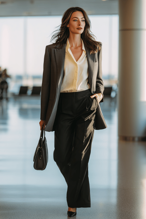 a woman walking through an airport departure hall, dressed in a sleek-charcoal-grey-longline-blazer-ivory-silk-blouse-tailored-wide-leg-black-trousers-and-black-leather-pointed-toe-flats