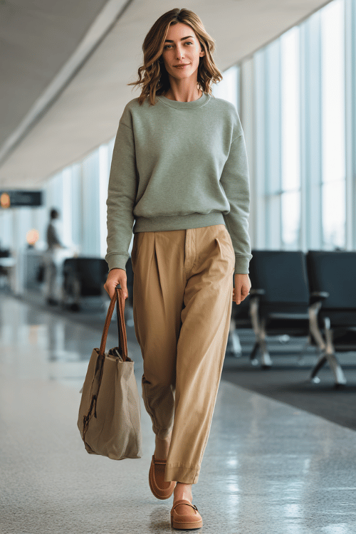 a woman walking through an airport departure hall, dressed in a soft sage green crewneck sweatshirt, wide-leg camel trousers, and tan lug-sole loafers, tote bag in hand 