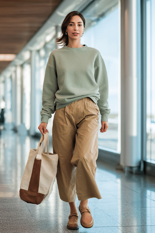 a woman walking through an airport departure hall, dressed in a soft sage green crewneck sweatshirt, wide-leg camel trousers, and tan lug-sole loafers, tote bag in hand