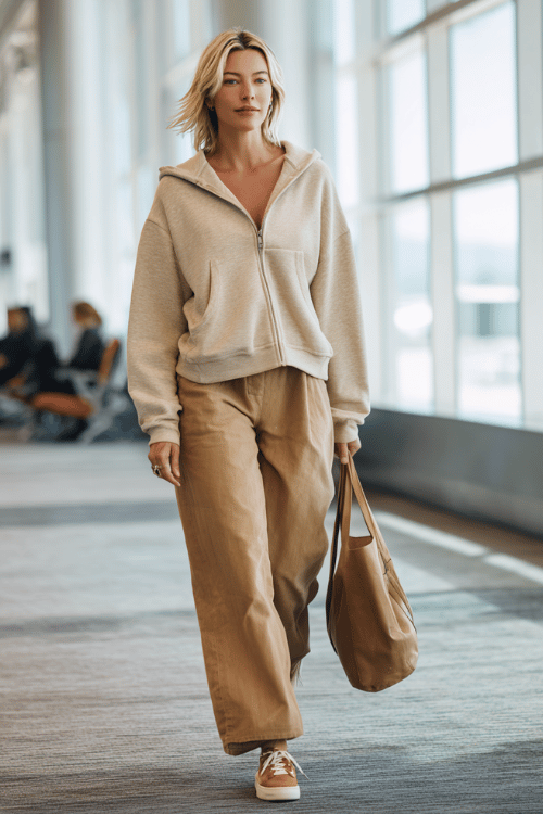 a woman walking through an airport departure hall, dressed in a warm oatmeal zip-up hoodie, wide-leg camel linen trousers, and tan slip-on sneakers, tote bag in hand