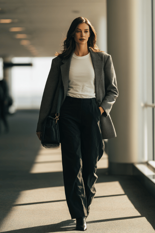 a woman walking through an airport departure hall, dressed in an oversized dark grey blazer, white fitted tee, high-waist wide-leg black trousers, and black pointed-toe ankle boots