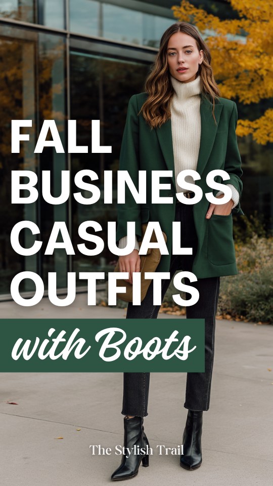 a woman wearing a business casual outfit with boots, a forest green longline blazer over a cream fitted turtleneck, paired with slim-fit dark indigo trousers