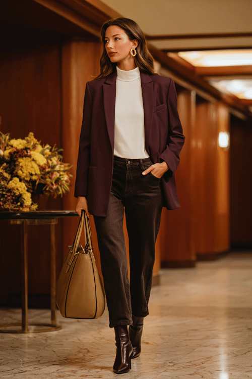 a woman wearing a deep plum fitted blazer over a white fitted turtleneck, paired with straight-leg dark wash jeans and block-heel ankle boots in dark brown leather