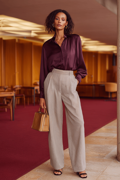 a woman wearing a deep plum long-sleeve blouse with a relaxed fit tucked into high-waisted stone grey wide-leg trousers, finished with strappy low-heel sandals in black