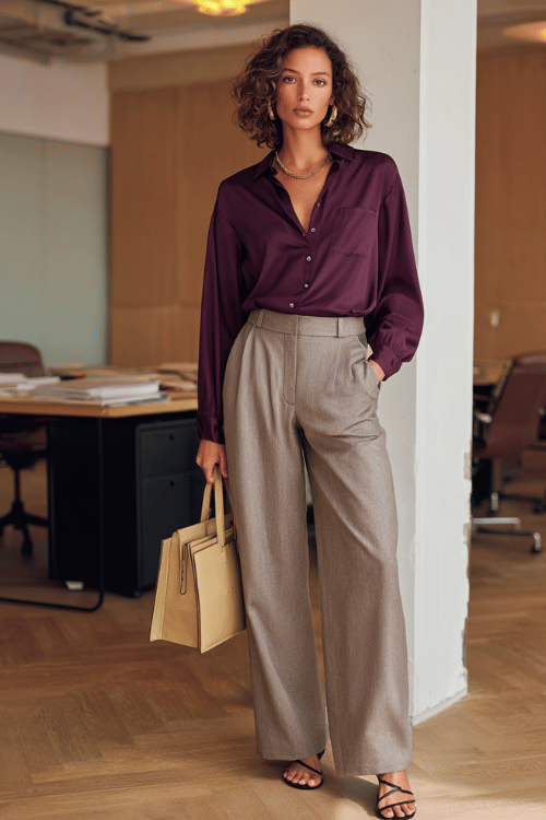 a woman wearing a deep plum long-sleeve blouse with a relaxed fit tucked into high-waisted stone grey wide-leg trousers, finished with strappy low-heel sandals