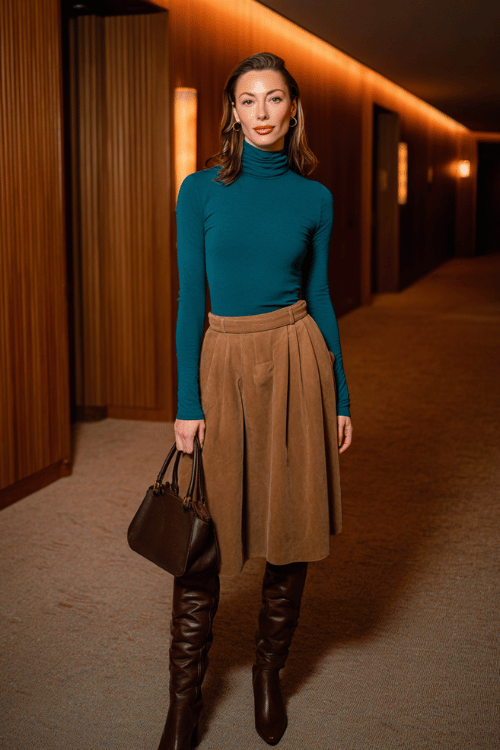 a woman wearing a deep teal fitted turtleneck tucked into a flowing midi skirt in warm camel with subtle pleats, paired with over-the-knee boots in dark cognac leather 