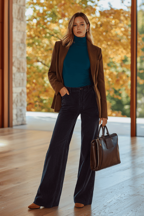 a woman wearing a deep teal fitted turtleneck tucked into wide-leg dark wash jeans, layered with a tailored camel blazer and finished with block-heel mules in tan suede