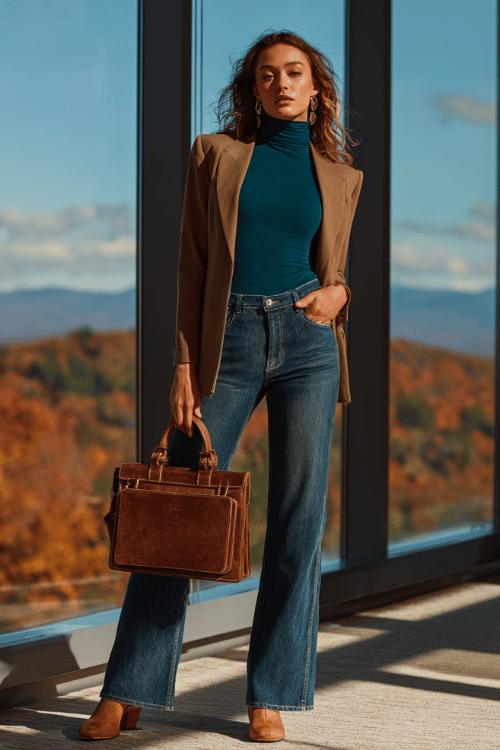 a woman wearing a deep teal fitted turtleneck tucked into wide-leg dark wash jeans, layered with a tailored camel blazer and finished with block-heel mules in tan suede