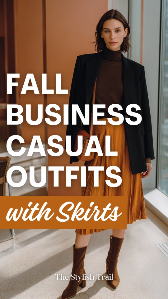 a woman wearing a fall business casual outfit with a skirt in warm rust-orange, a brown mock-neck sweater, layered with a fitted black blazer, finished with block-heel ankle boots