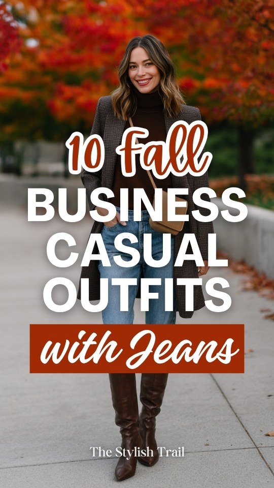 a woman wearing a fall business casual outfit with jeans, a brown mock-neck sweater, layered with a longline charcoal grey blazer