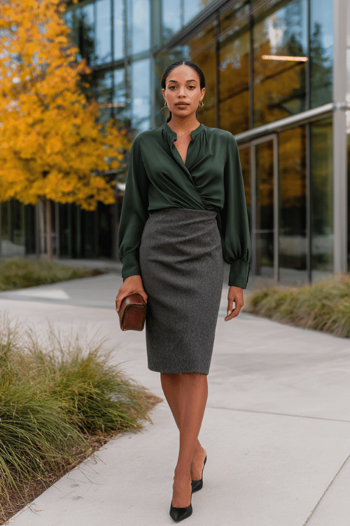 a woman wearing a forest green long-sleeve wrap blouse tucked into a tailored pencil skirt in warm charcoal grey, finished with pointed-toe kitten heels in black leather