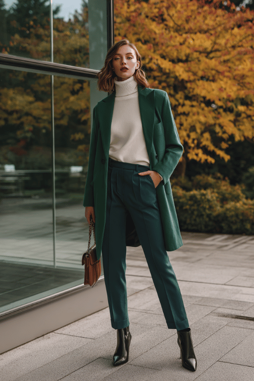 a woman wearing a forest green longline blazer over a cream fitted turtleneck, paired with slim-fit dark indigo trousers and pointed-toe ankle boots in black leather