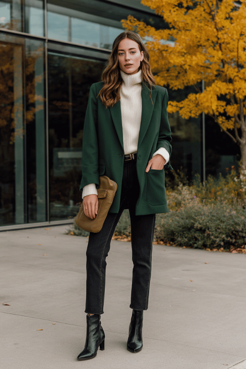 a woman wearing a forest green longline blazer over a cream fitted turtleneck, paired with slim-fit dark indigo trousers and pointed-toe ankle boots in black leather 