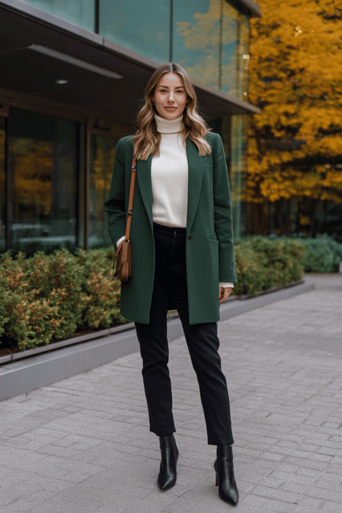 a woman wearing a forest green longline blazer over a cream fitted turtleneck, paired with slim-fit dark indigo trousers and pointed-toe ankle boots in black leather