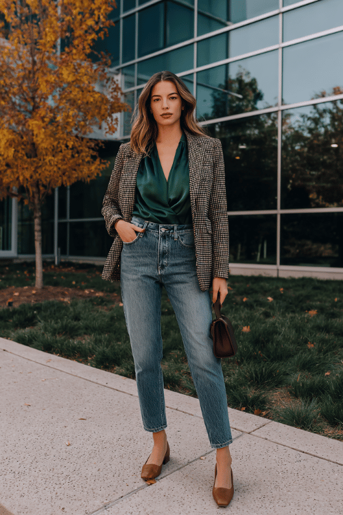 a woman wearing a forest green wrap blouse tucked into straight-leg medium wash jeans, layered with a fitted houndstooth blazer in black and ivory, finished with block-heel loafers