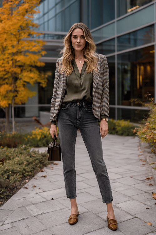 a woman wearing a forest green wrap blouse tucked into straight-leg medium wash jeans, layered with a fitted houndstooth blazer in black and ivory, finished with block-heel loafers