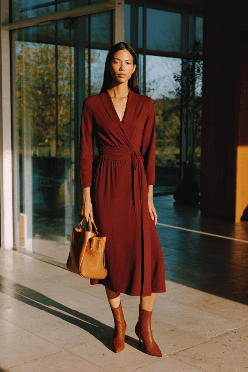 a woman wearing a long-sleeve wrap midi dress in rich burgundy with a flattering cinched waist, paired with pointed-toe ankle boots in cognac leather