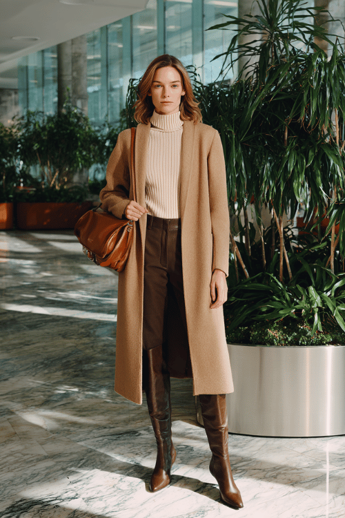 a woman wearing a longline camel wrap coat over a soft blush ribbed turtleneck and straight-leg dark wash trousers, finished with pointed-toe knee-high boots