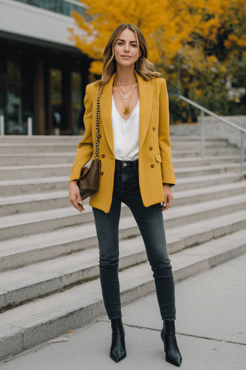 a woman wearing a mustard yellow oversized blazer over a white fitted camisole, paired with slim-fit dark indigo jeans and pointed-toe ankle boots in black leather