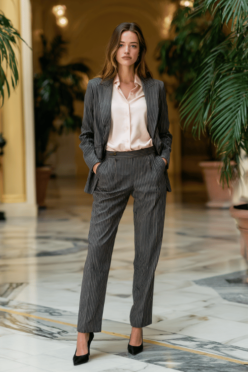 a woman wearing a pinstripe charcoal grey pantsuit with a fitted blazer and straight-leg trousers, paired with a soft blush silk blouse underneath and classic black pointed-toe heels