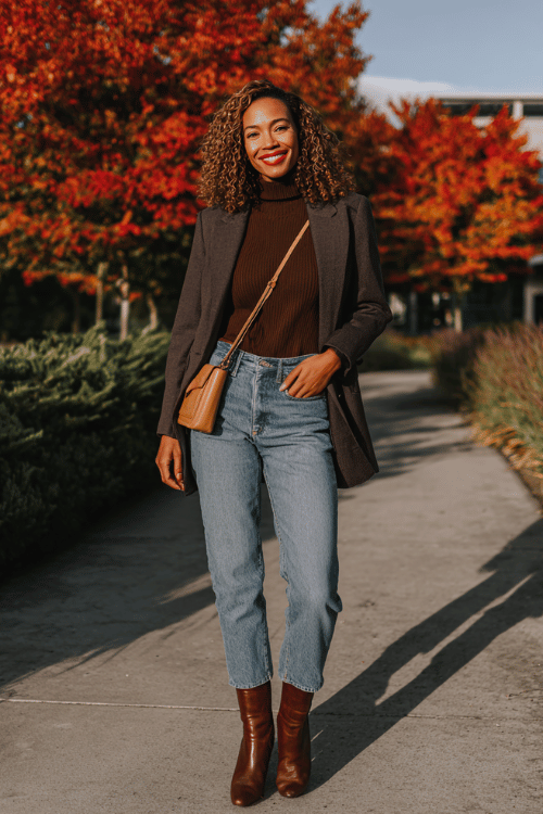 a woman wearing a rich chocolate brown mock-neck sweater tucked into straight-leg medium wash jeans, layered with a longline charcoal grey blazer, finished with knee-high boots