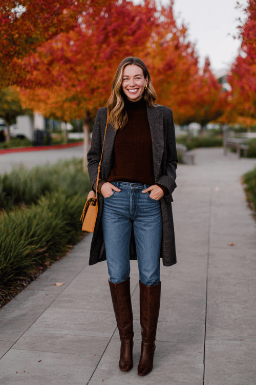 a woman wearing a rich chocolate brown mock-neck sweater tucked into straight-leg medium wash jeans, layered with a longline charcoal grey blazer, finished with knee-high boots